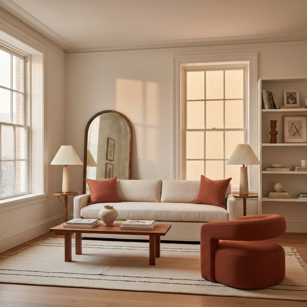 A refreshed living room — same architecture, restyled with a cream linen sofa, terracotta accent chair, and curated bookshelves.