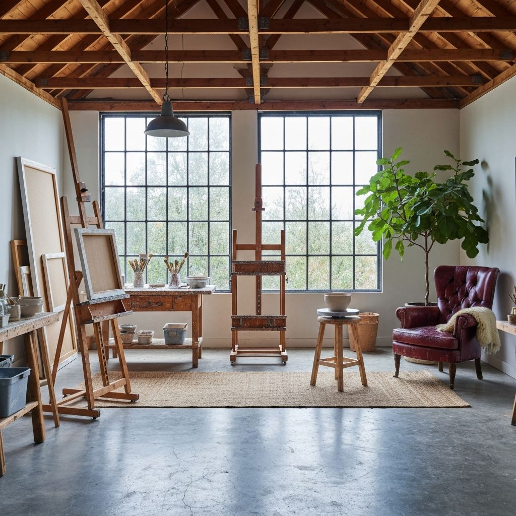 A residential garage transformed into an artist's studio — exposed roof beams, large industrial windows, an oversized easel, and a pottery wheel.